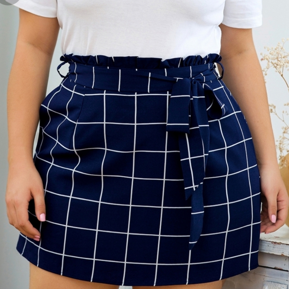 Navy White Short Mini Skirt with Pockets Tie Belt Yoins XL NWT